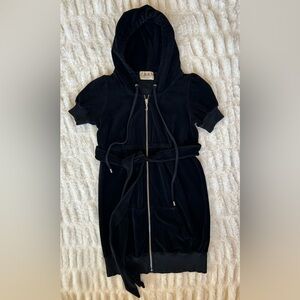 Y2K Vintage Juicy Couture Black Velour Babydoll Hooded Short Sleeve Zip Up Dress